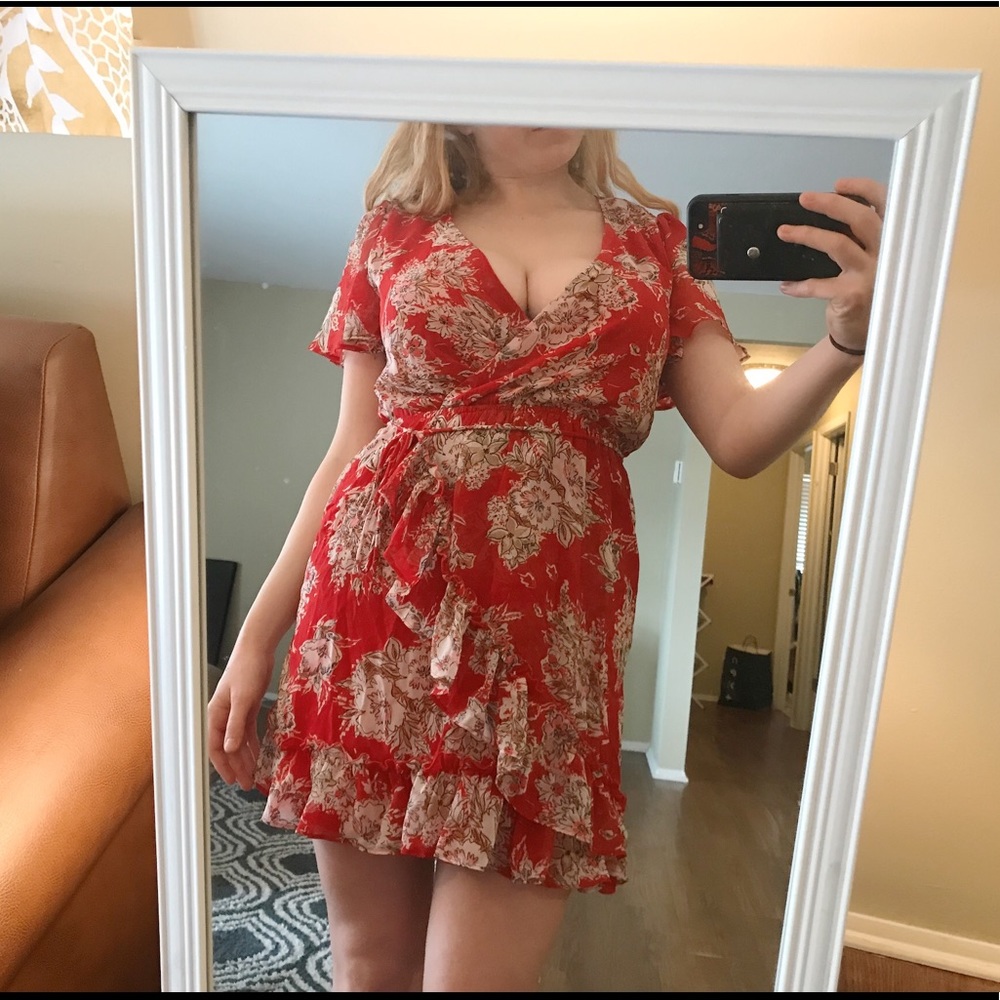 Red Floral Summer Wrap Dress